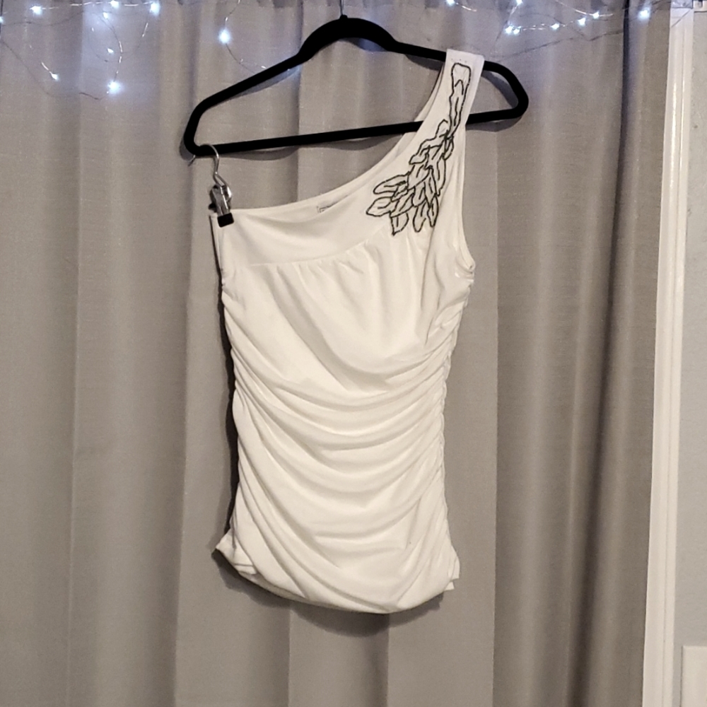 One Shoulder, Beaded, Rouched Tank - White